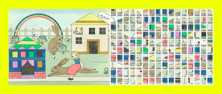 Diptych contrasting a whimsical pastel scene with large brown rabbits, a rainbow, and a girl in a red dress on the left, and a grid of numbered superpixels on the right - emphasizing the difference between emotive seeing and analytical interpretation.