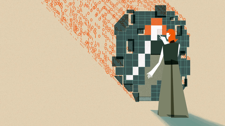 This image shows an individual with orange hair interacting with a large, abstract digital mirrored structure. The structure is composed of squares in varying shades of green, orange, white, and black which are pieced together to reflect the individual’s figure. The figure's hand is extended as if pointing to or interacting with the mirrored structure. Behind the  structure are streams of binary code (0s and 1s) in orange, flowing towards the digital grid.