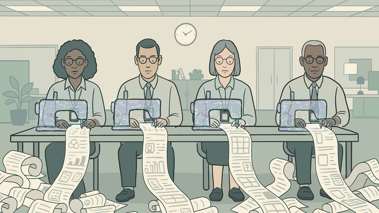 A row of knowledge workers operate sewing machines producing piles of spreadsheets and reports